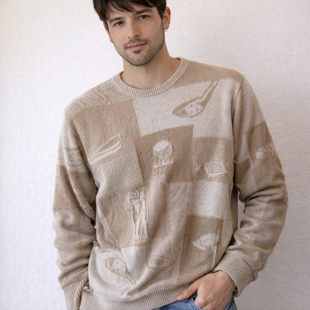 Cypress Links Sweater L Beige Cotton Knit Hong Kong Abstract Golf Patchwork Knit